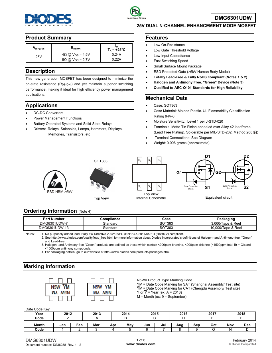 Diodes DMG6301UDW User Manual | 6 pages