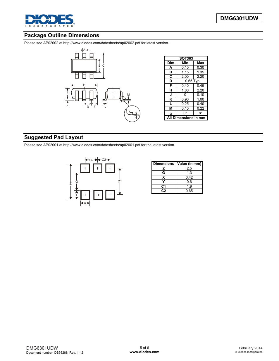 Dmg6301udw new prod uc t, Package outline dimensions, Suggested pad layout | Diodes DMG6301UDW User Manual | Page 5 / 6