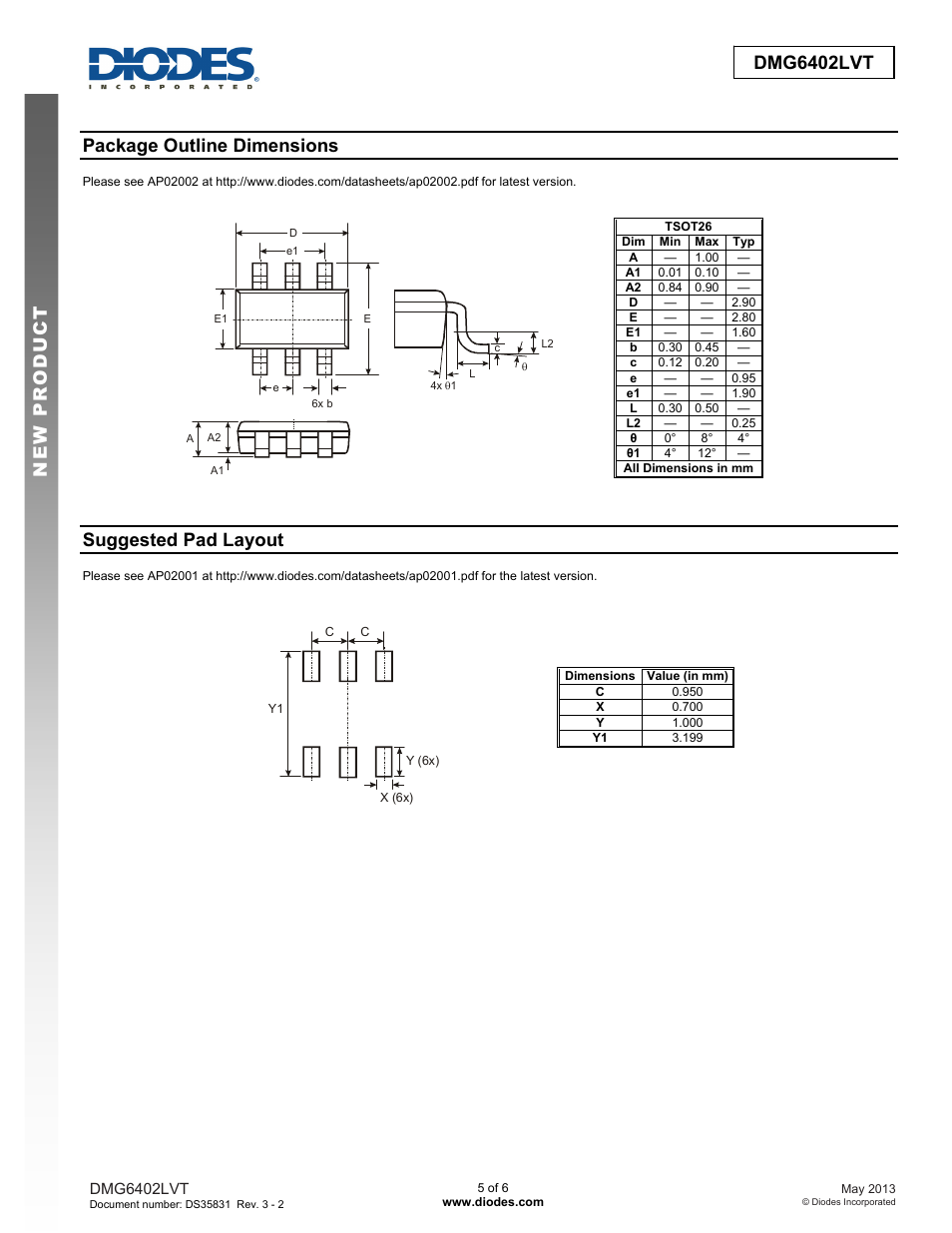 Package outline dimensions, Suggested pad layout | Diodes DMG6402LVT User Manual | Page 5 / 6