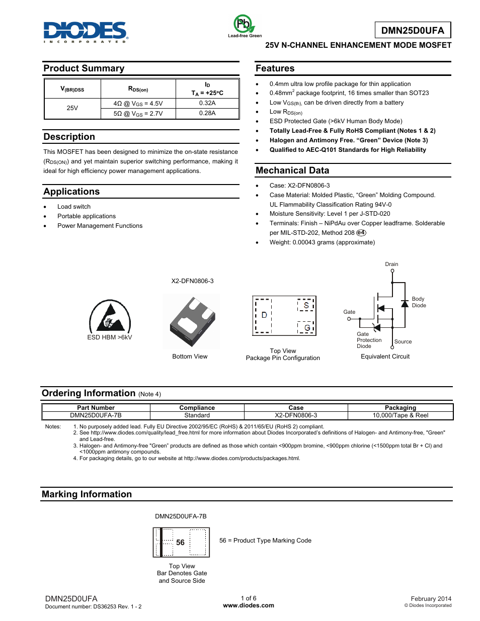 Diodes DMN25D0UFA User Manual | 6 pages