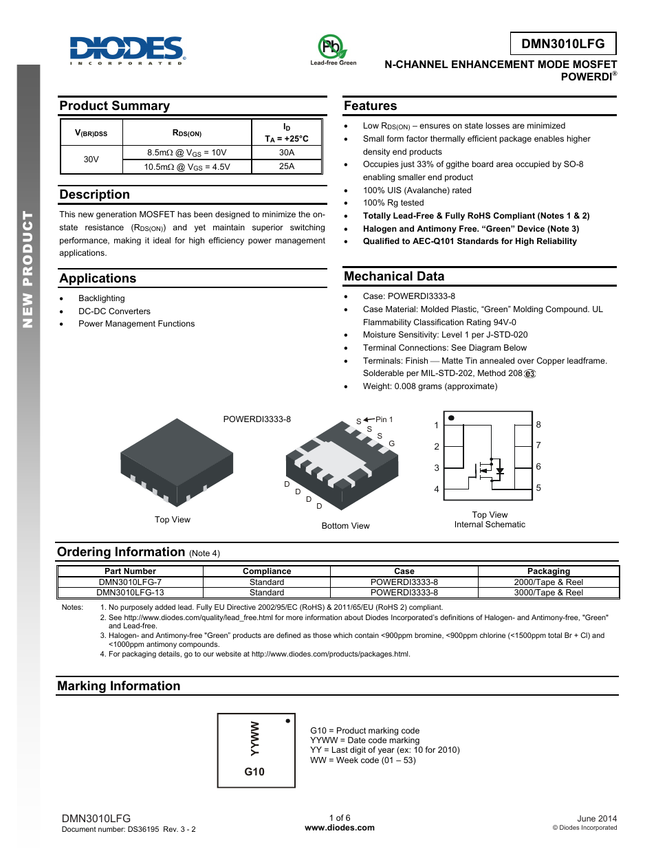 Diodes DMN3010LFG User Manual | 6 pages