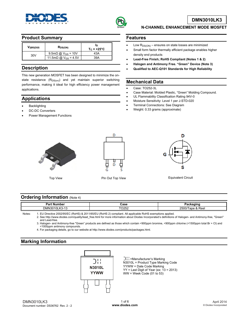 Diodes DMN3010LK3 User Manual | 6 pages