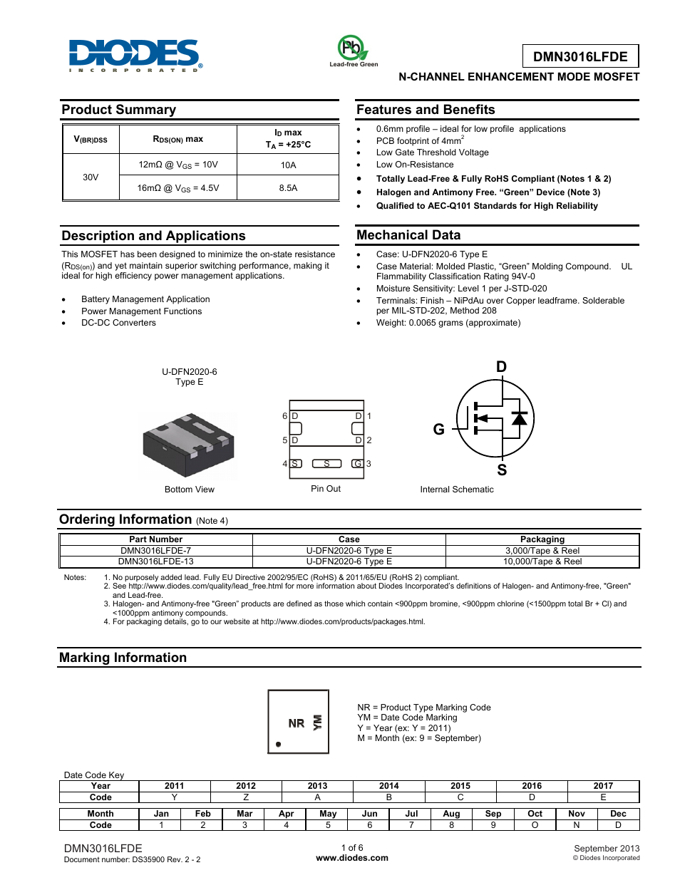Diodes DMN3016LFDE User Manual | 6 pages