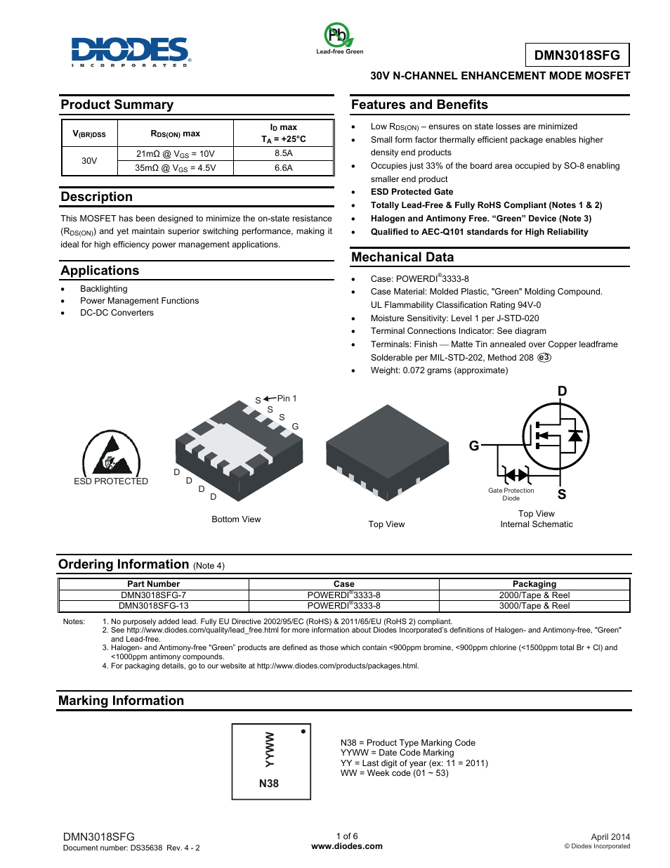 Diodes DMN3018SFG User Manual | 6 pages