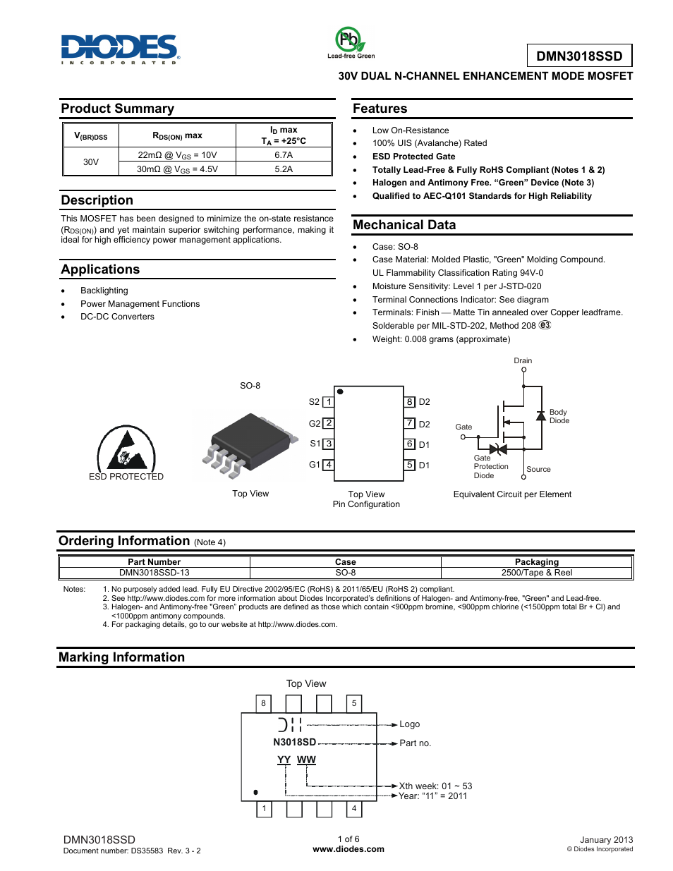 Diodes DMN3018SSD User Manual | 6 pages
