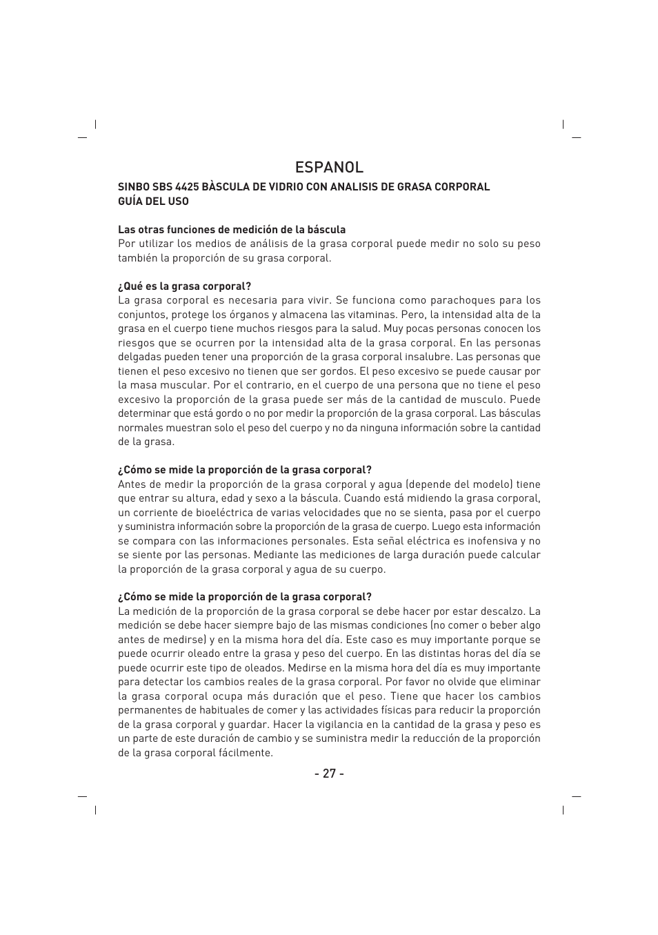 Espanol | SINBO SBS 4425 User Manual | Page 28 / 60