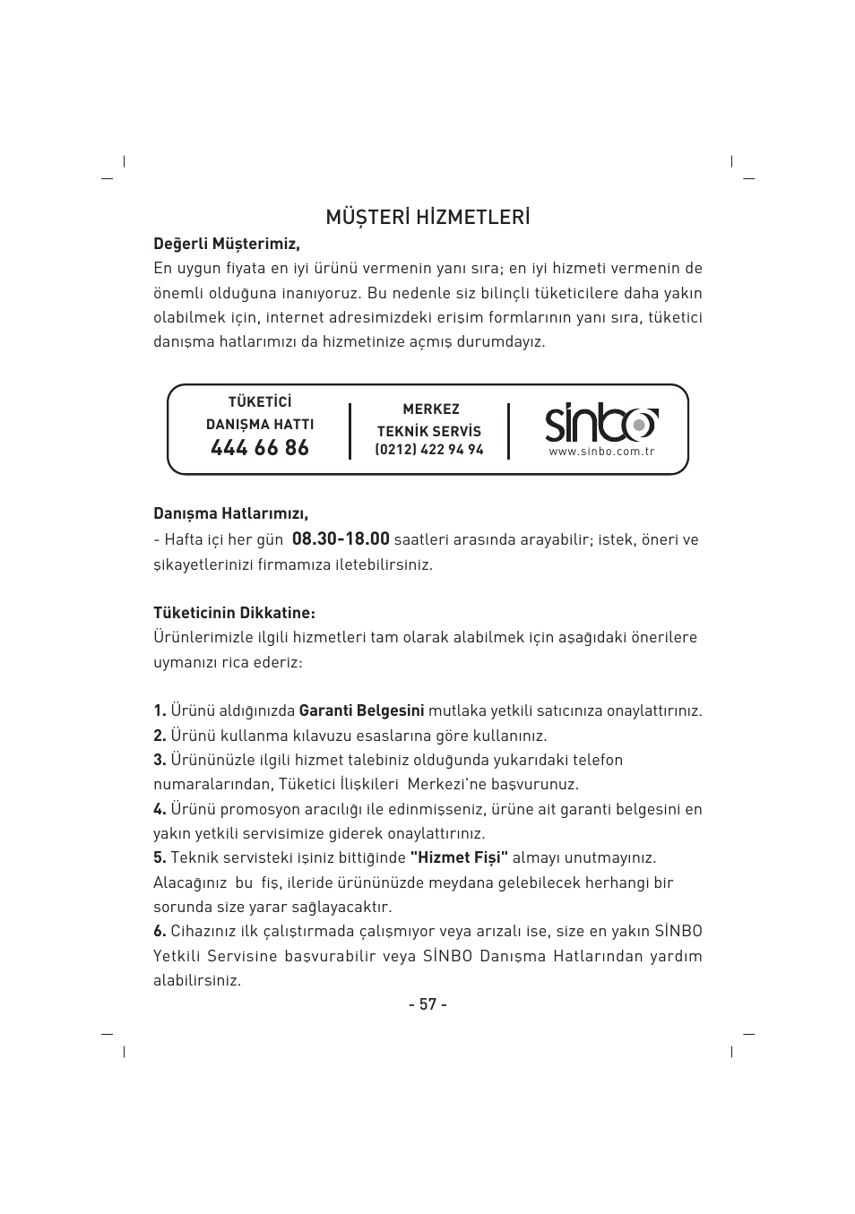 Müfiter‹ h‹zmetler | SINBO SBS 4425 User Manual | Page 58 / 60