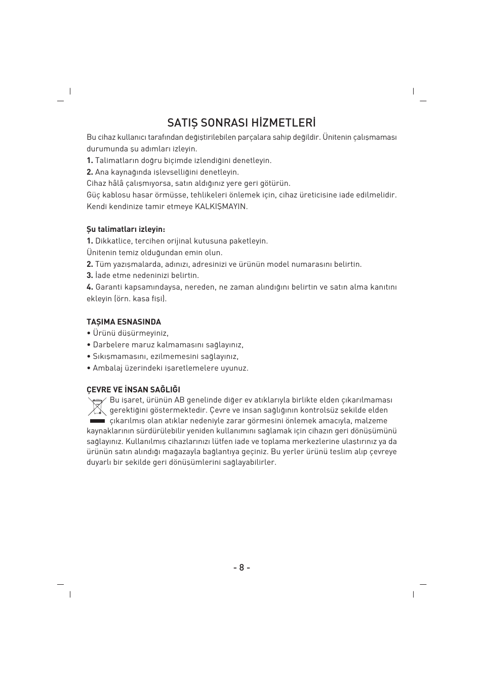 Satifi sonrasi h‹zmetler | SINBO SBS 4425 User Manual | Page 9 / 60