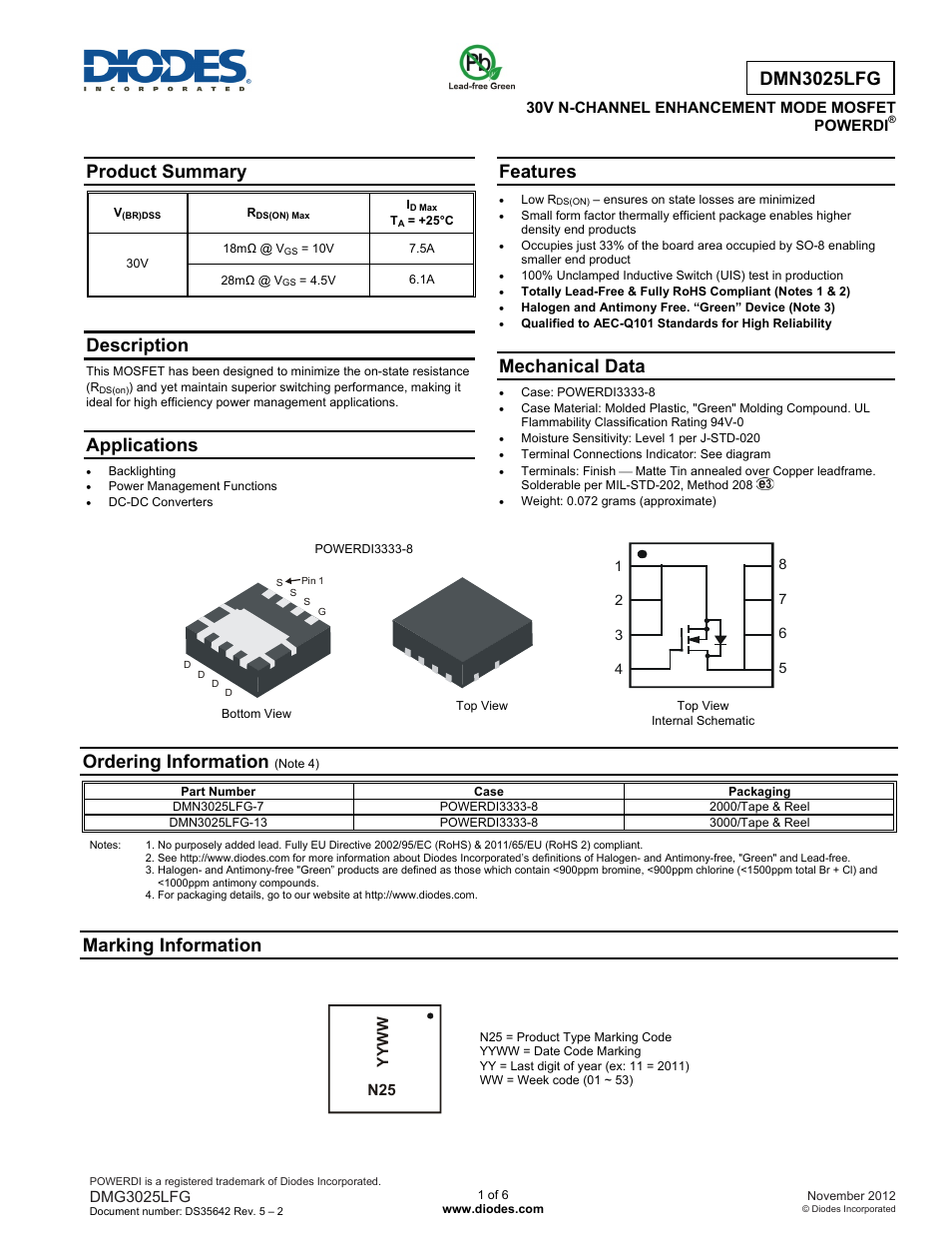 Diodes DMN3025LFG User Manual | 6 pages