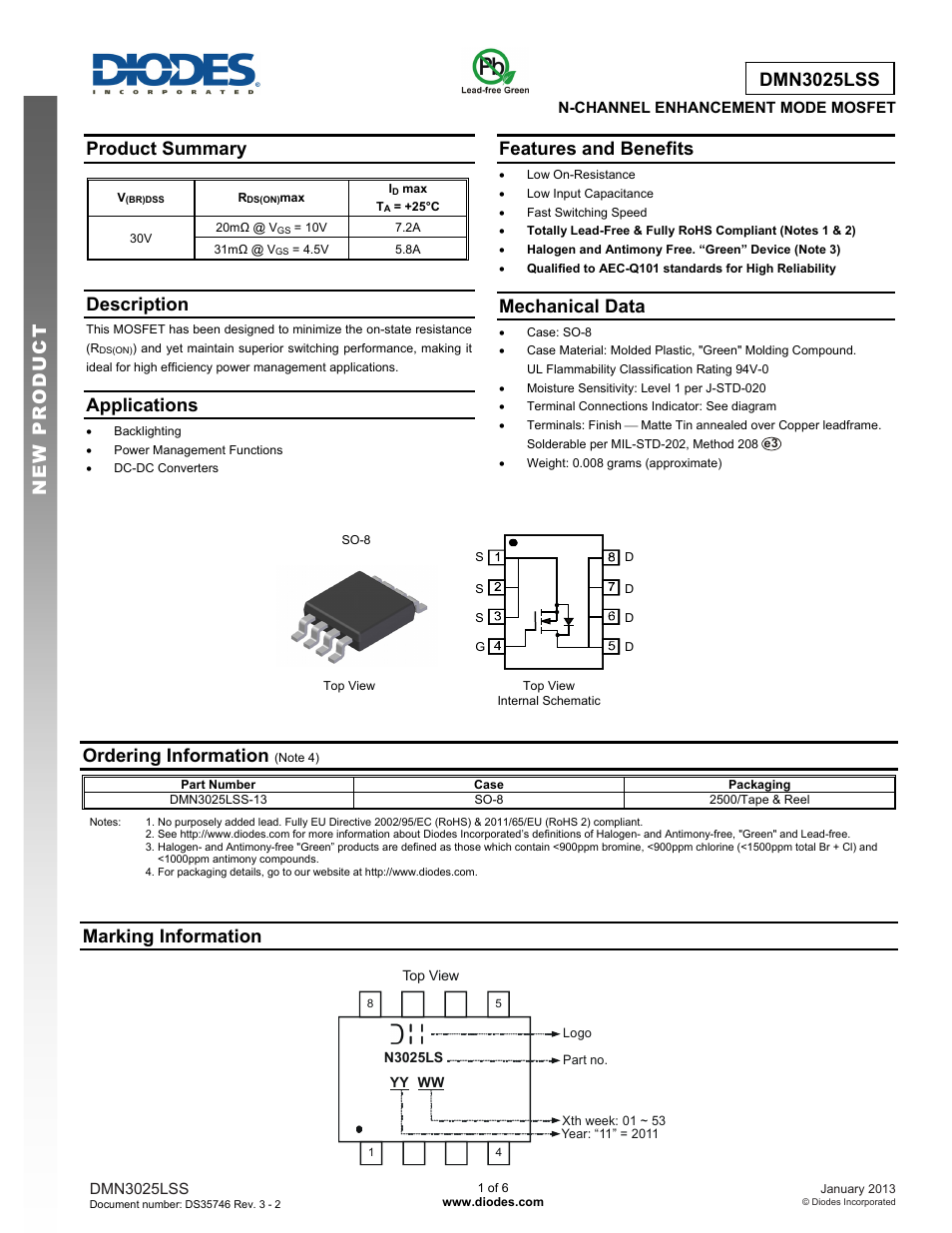 Diodes DMN3025LSS User Manual | 6 pages