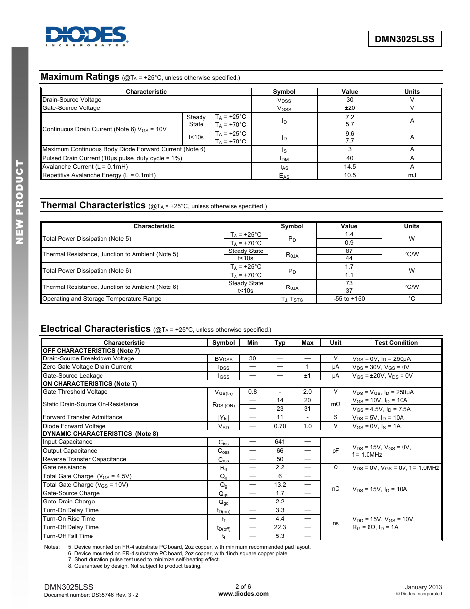 Maximum ratings, Thermal characteristics, Electrical characteristics | Diodes DMN3025LSS User Manual | Page 2 / 6