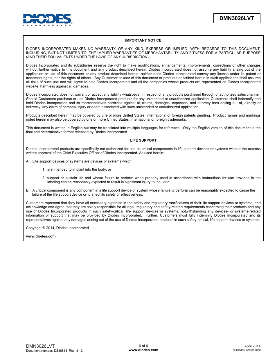 Diodes DMN3026LVT User Manual | Page 6 / 6