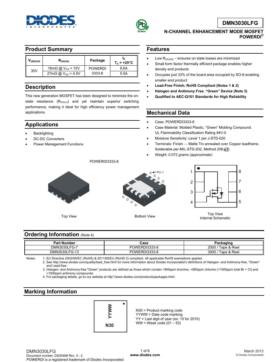 Diodes DMN3030LFG User Manual | 6 pages