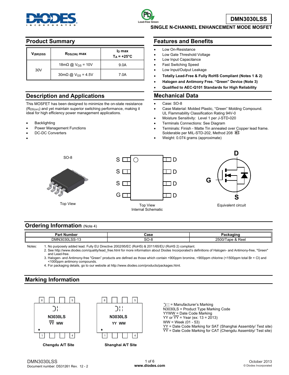 Diodes DMN3030LSS User Manual | 6 pages