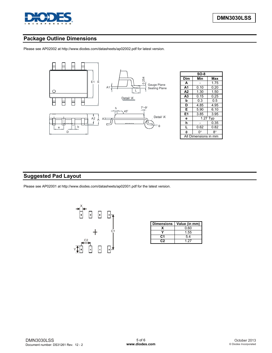 Dmn3030lss, Package outline dimensions, Suggested pad layout | Diodes DMN3030LSS User Manual | Page 5 / 6