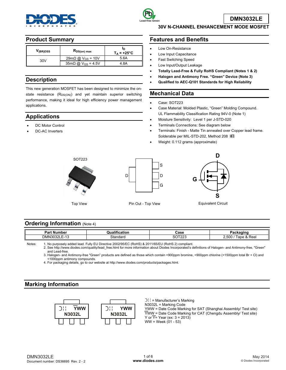 Diodes DMN3032LE User Manual | 6 pages