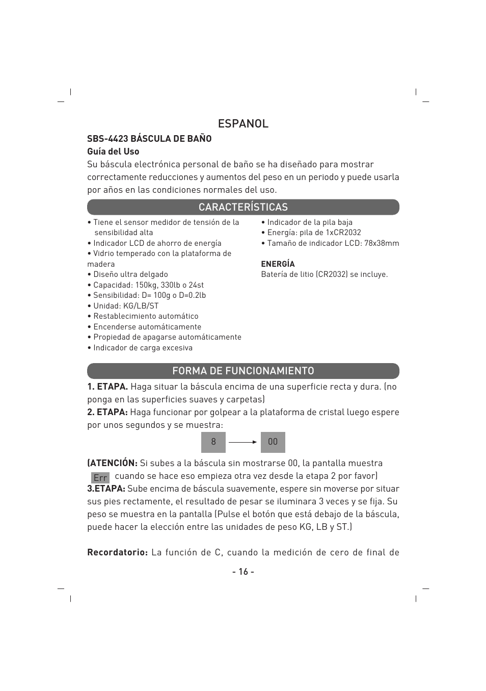 Espanol | SINBO SBS 4423 User Manual | Page 17 / 28
