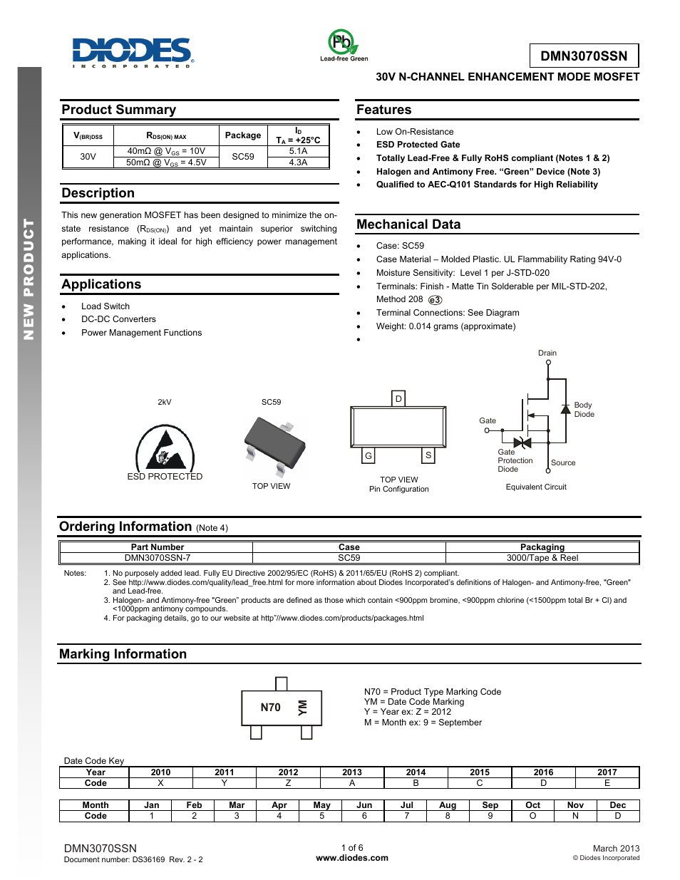 Diodes DMN3070SSN User Manual | 6 pages