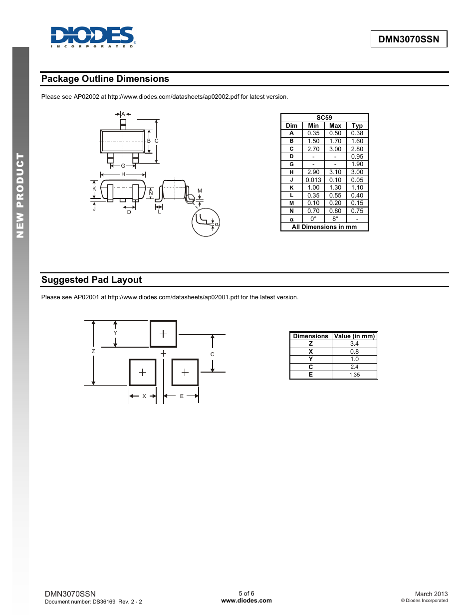 Dmn3070ssn new prod uc t, Package outline dimensions, Suggested pad layout | Diodes DMN3070SSN User Manual | Page 5 / 6