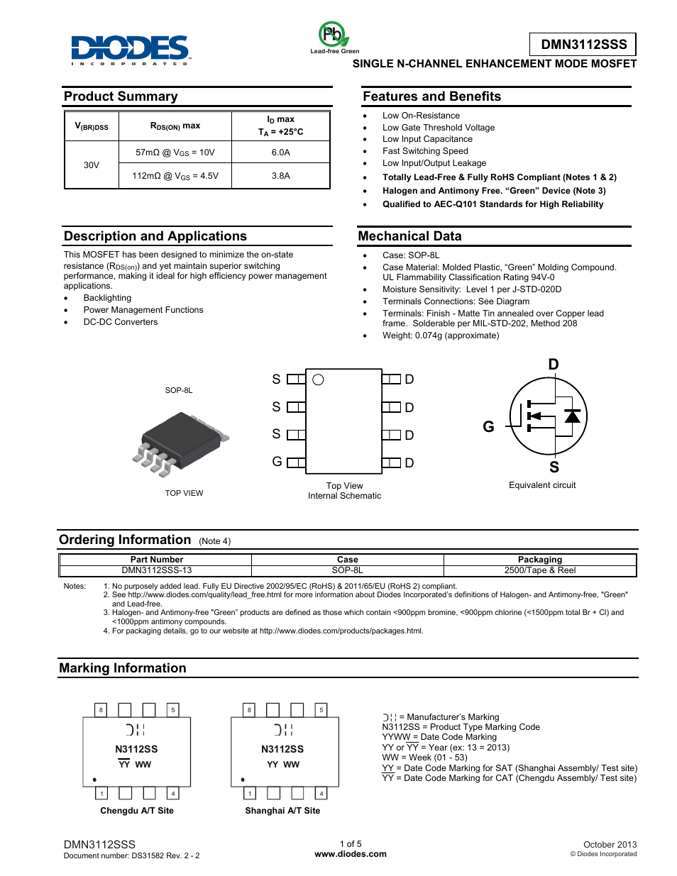 Diodes DMN3112SSS User Manual | 5 pages