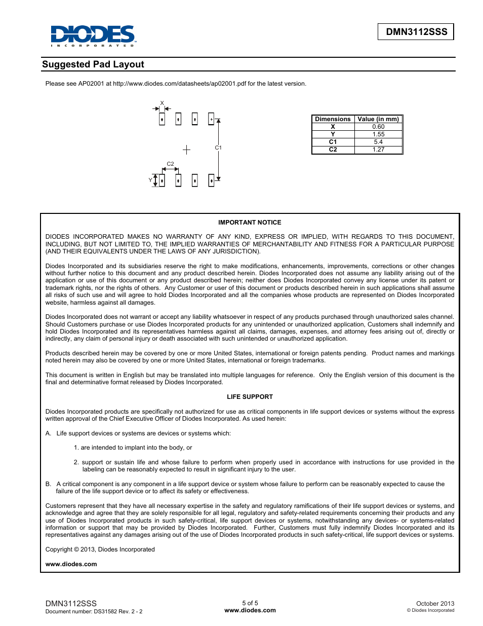 Dmn3112sss, Suggested pad layout | Diodes DMN3112SSS User Manual | Page 5 / 5
