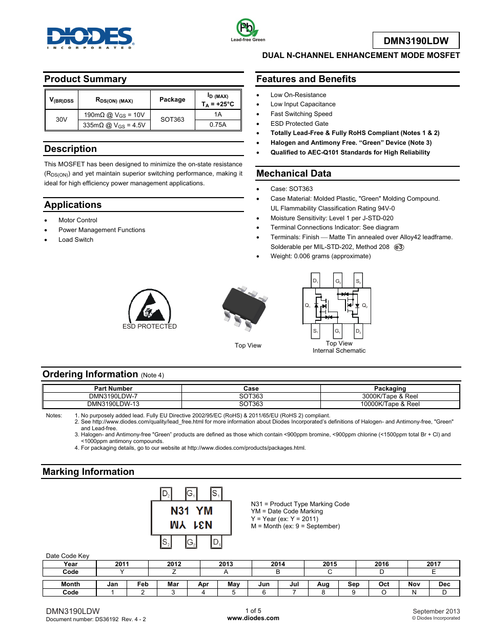 Diodes DMN3190LDW User Manual | 5 pages