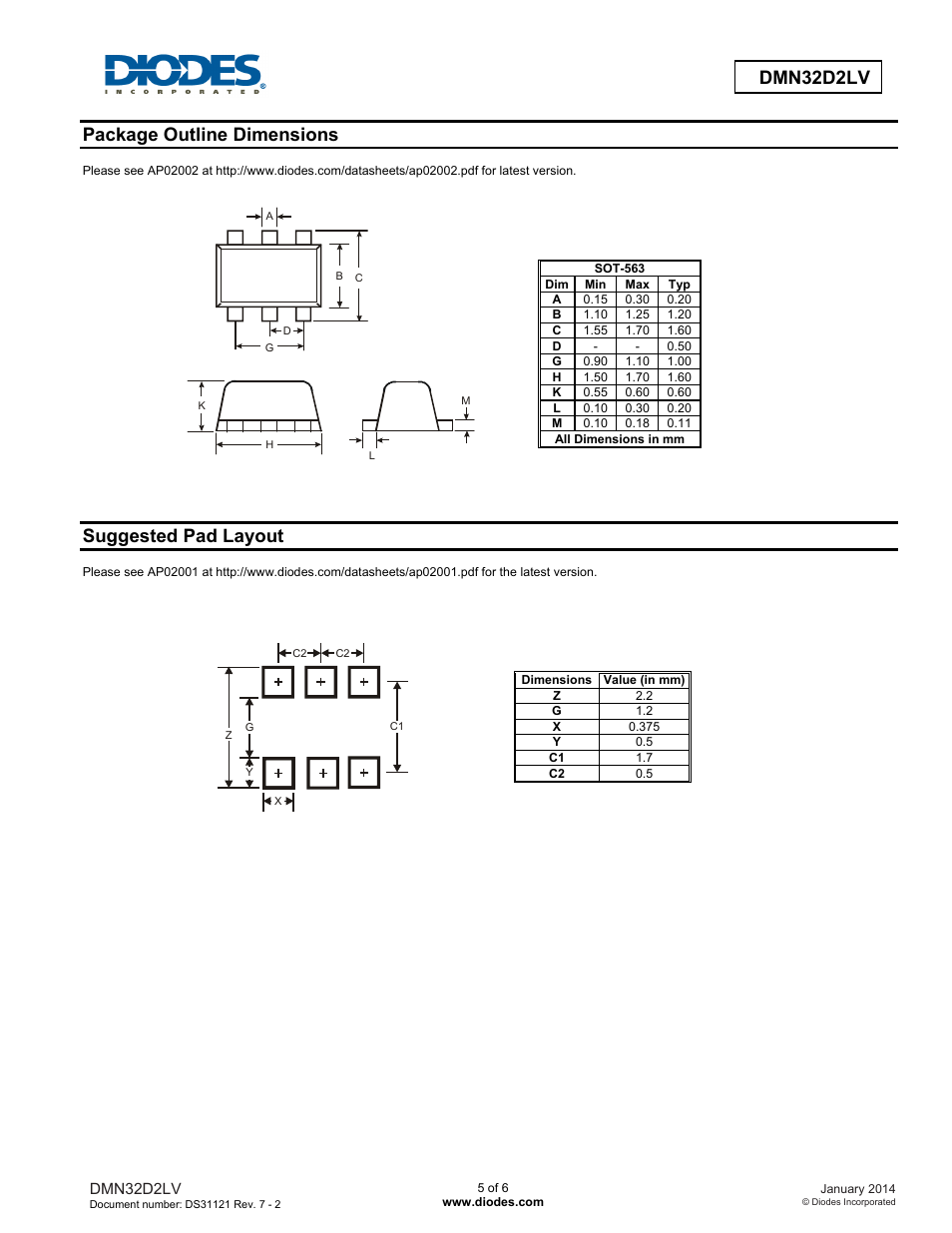 Dmn32d2lv, Package outline dimensions, Suggested pad layout | Diodes DMN32D2LV User Manual | Page 5 / 6