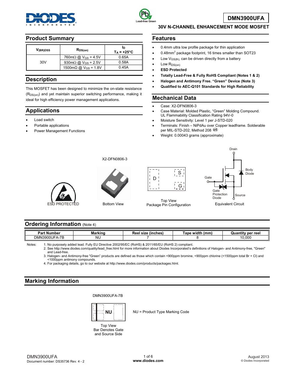 Diodes DMN3900UFA User Manual | 6 pages