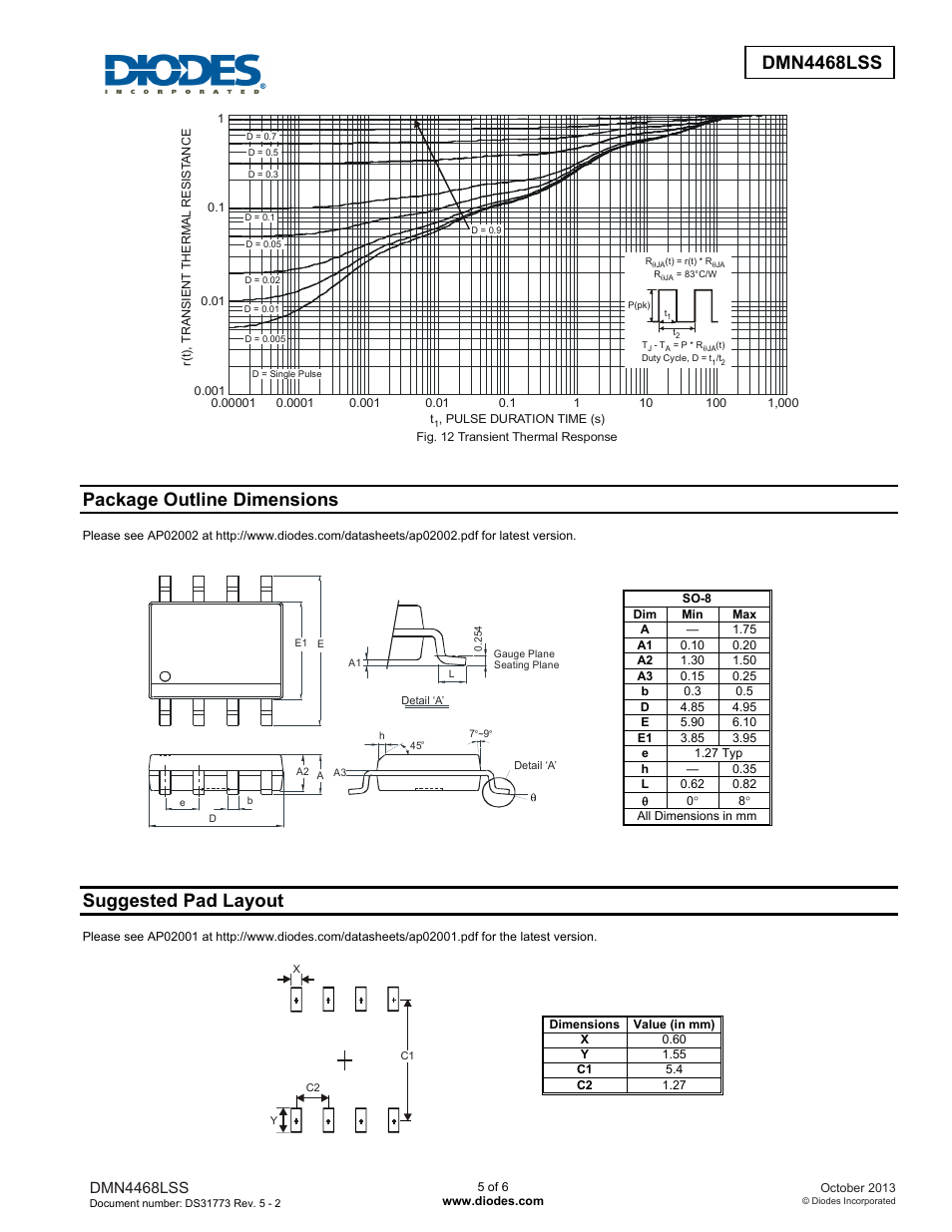 Dmn4468lss new prod uc t, Package outline dimensions, Suggested pad layout | Dmn4468lss | Diodes DMN4468LSS User Manual | Page 5 / 6