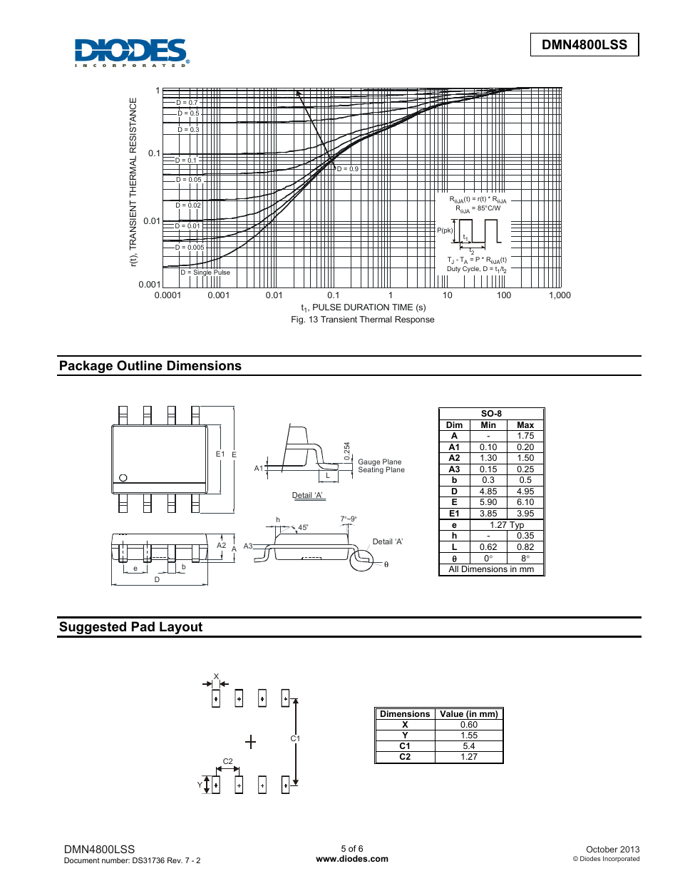 Dmn4800lss new prod uc t, Package outline dimensions, Suggested pad layout | Dmn4800lss | Diodes DMN4800LSS User Manual | Page 5 / 6