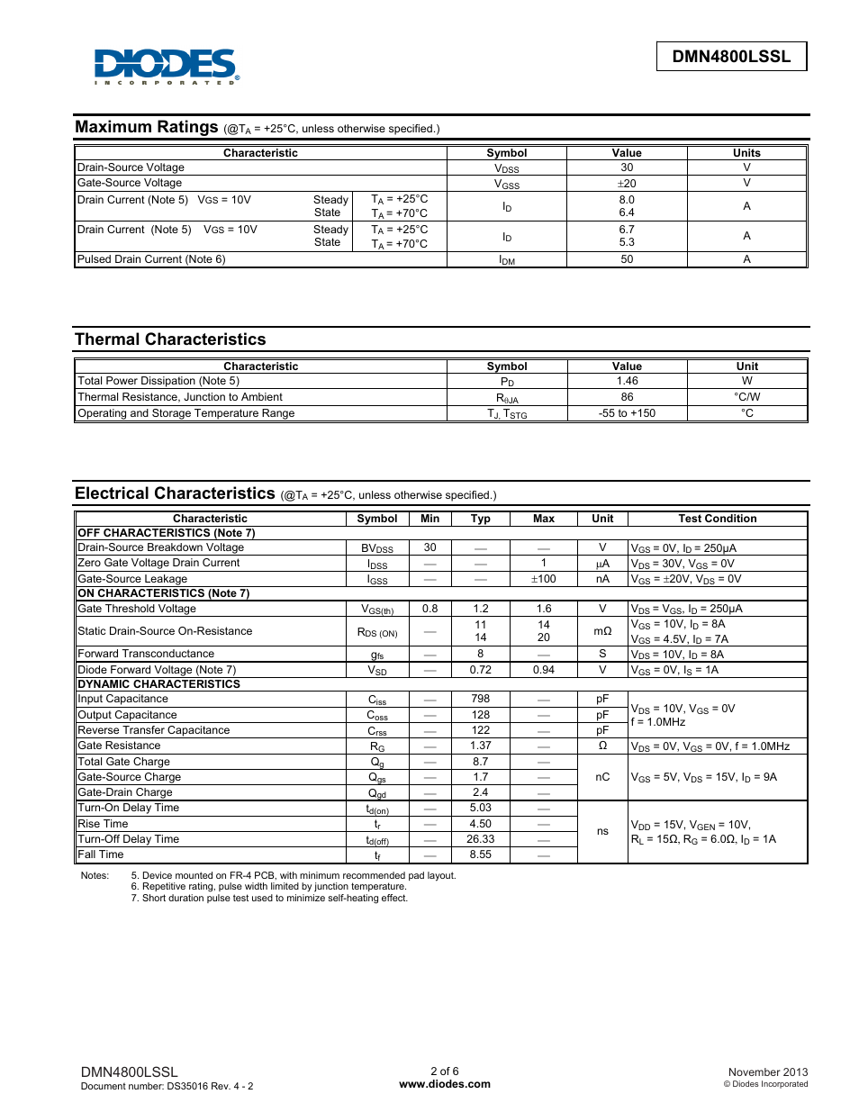 Dmn4800lssl new prod uc t, Maximum ratings, Thermal characteristics | Electrical characteristics, Dmn4800lssl | Diodes DMN4800LSSL User Manual | Page 2 / 6