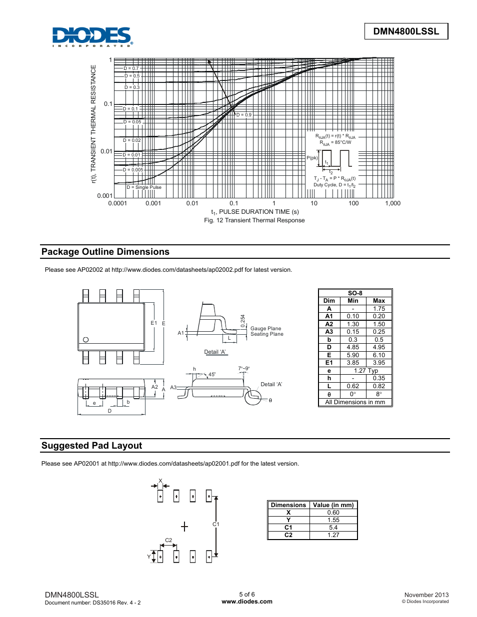 Dmn4800lssl new prod uc t, Package outline dimensions, Suggested pad layout | Dmn4800lssl | Diodes DMN4800LSSL User Manual | Page 5 / 6