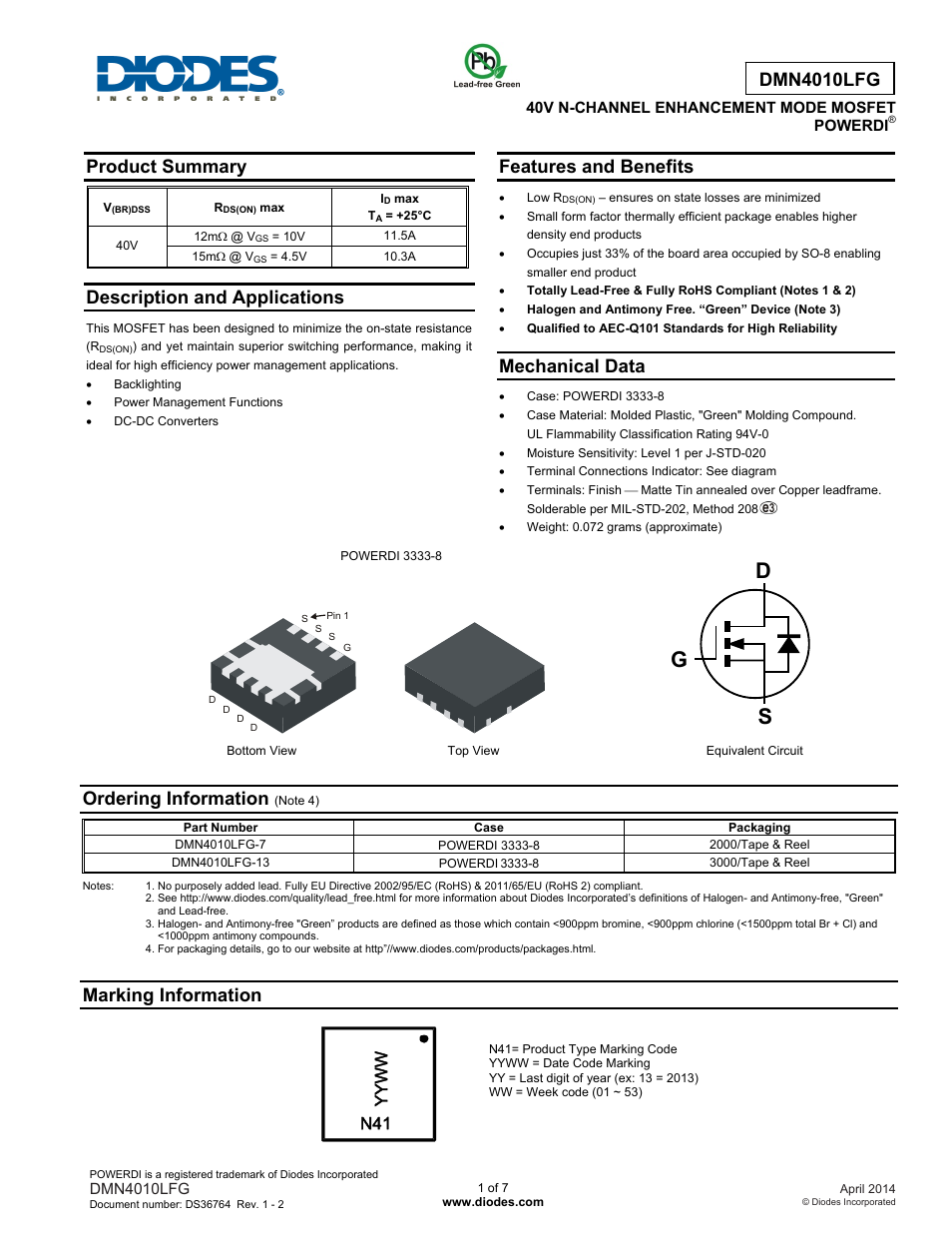 Diodes DMN4010LFG User Manual | 7 pages