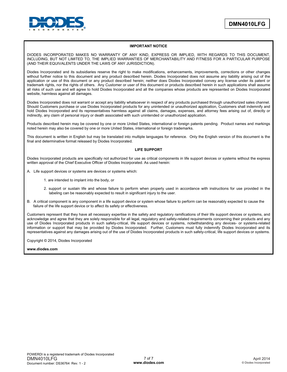 Diodes DMN4010LFG User Manual | Page 7 / 7