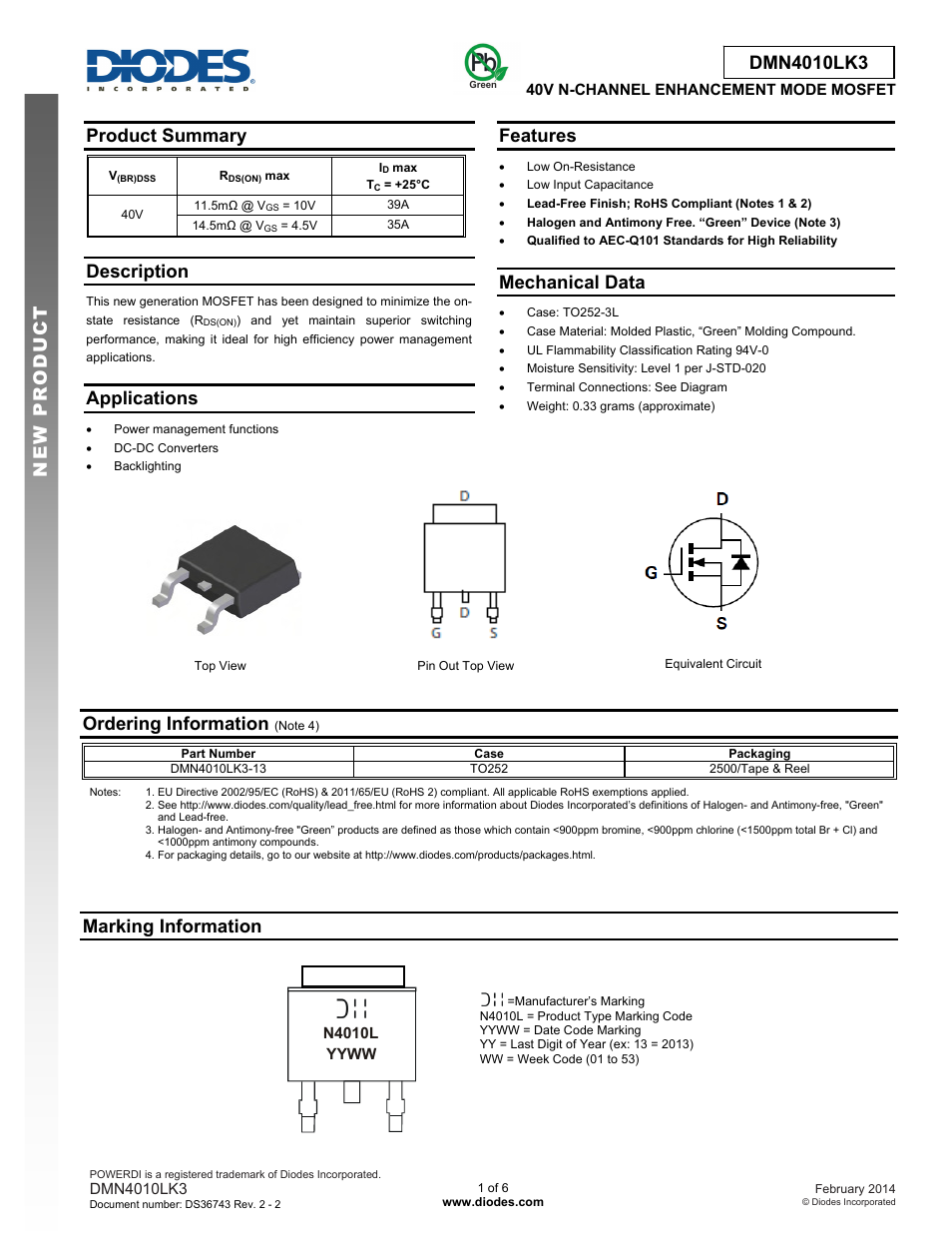 Diodes DMN4010LK3 User Manual | 6 pages