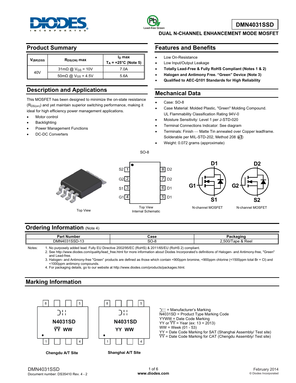 Diodes DMN4031SSD User Manual | 6 pages