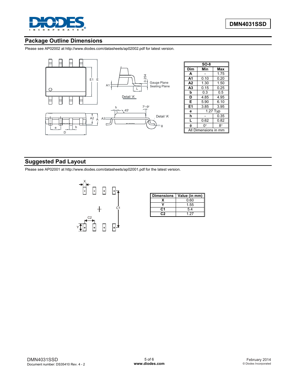 Package outline dimensions, Suggested pad layout | Diodes DMN4031SSD User Manual | Page 5 / 6