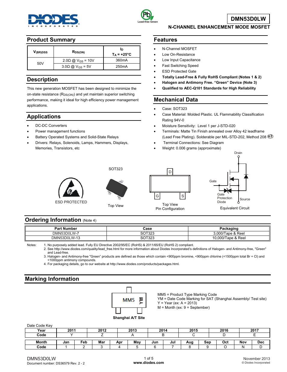 Diodes DMN53D0LW User Manual | 5 pages