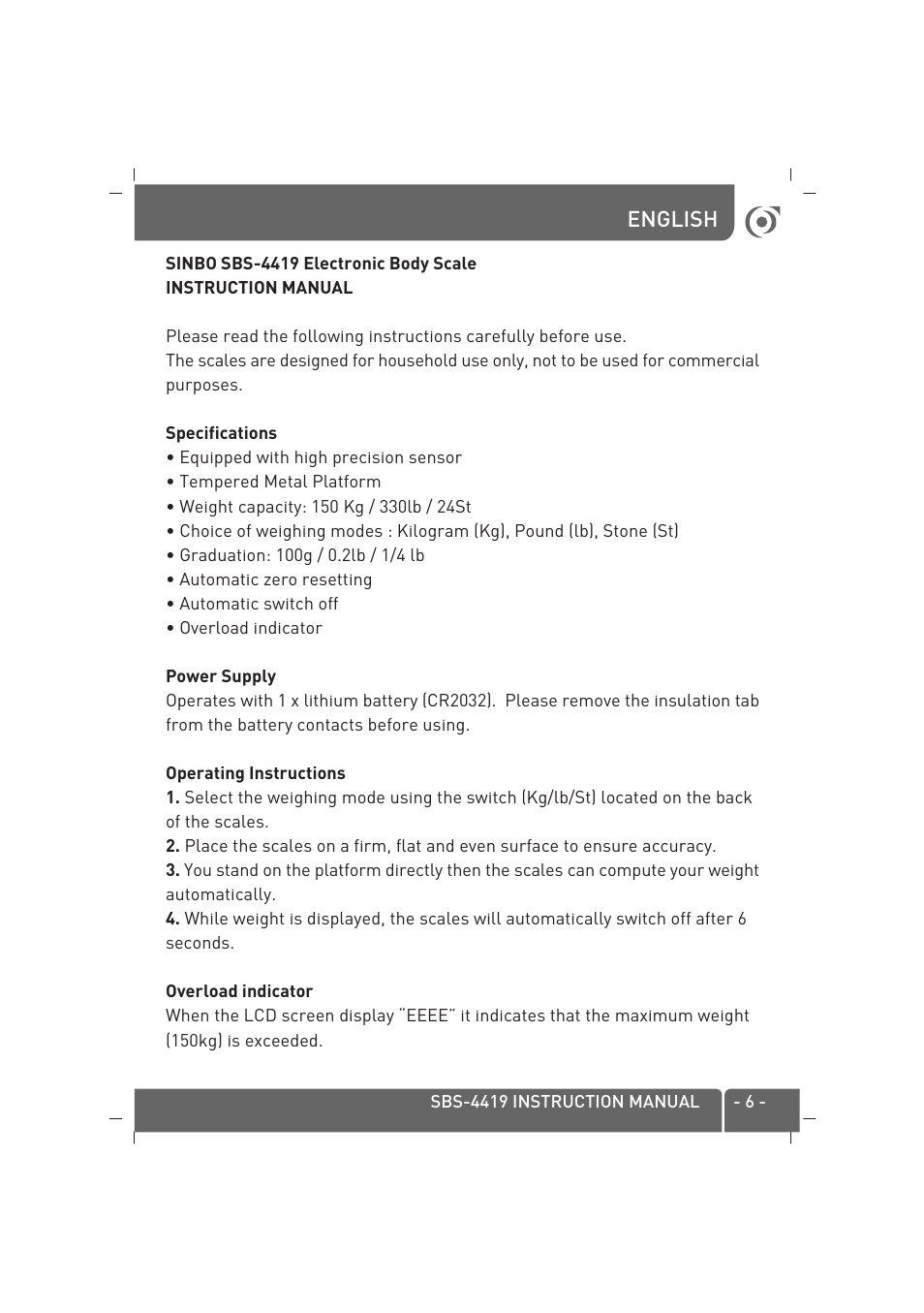English | SINBO SBS 4419 User Manual | Page 7 / 30