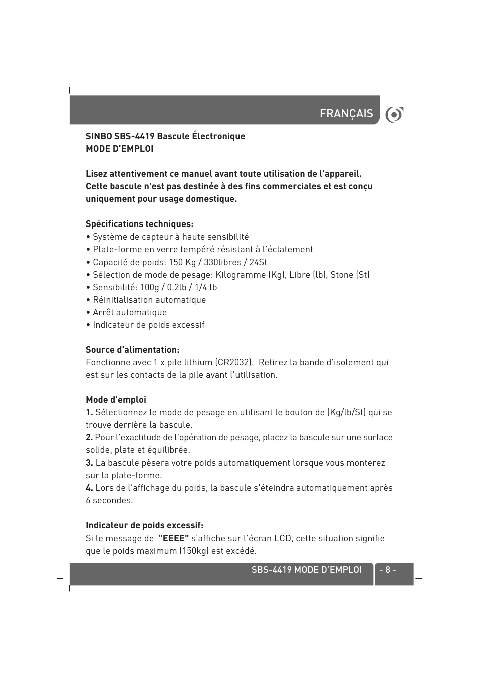 Français | SINBO SBS 4419 User Manual | Page 9 / 30