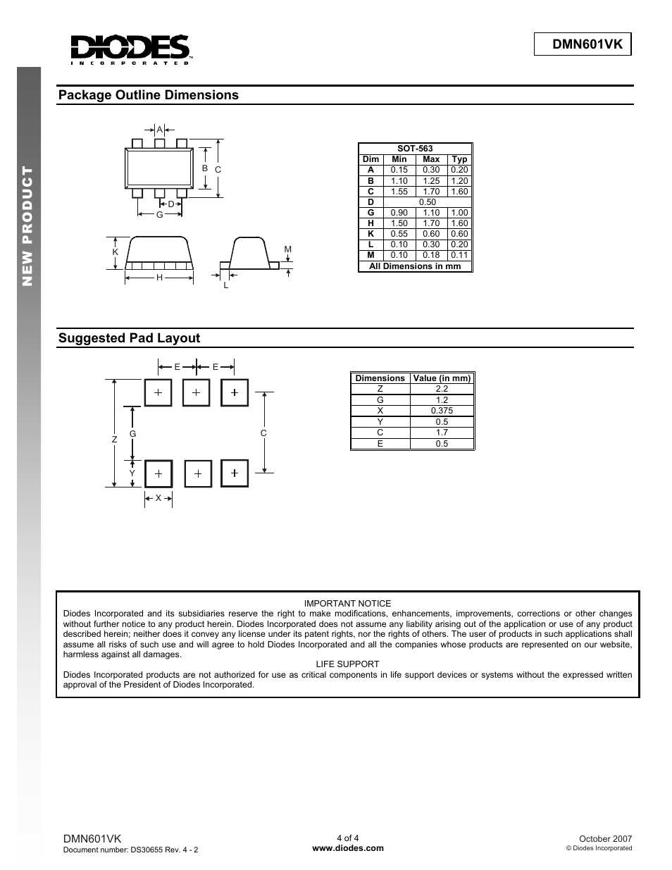 Package outline dimensions, Suggested pad layout, Dmn601vk | New prod uc t | Diodes DMN601VK User Manual | Page 4 / 4