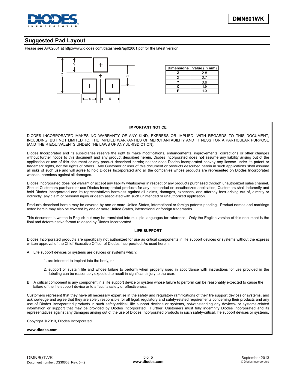 Dmn601wk, Suggested pad layout | Diodes DMN601WK User Manual | Page 5 / 5