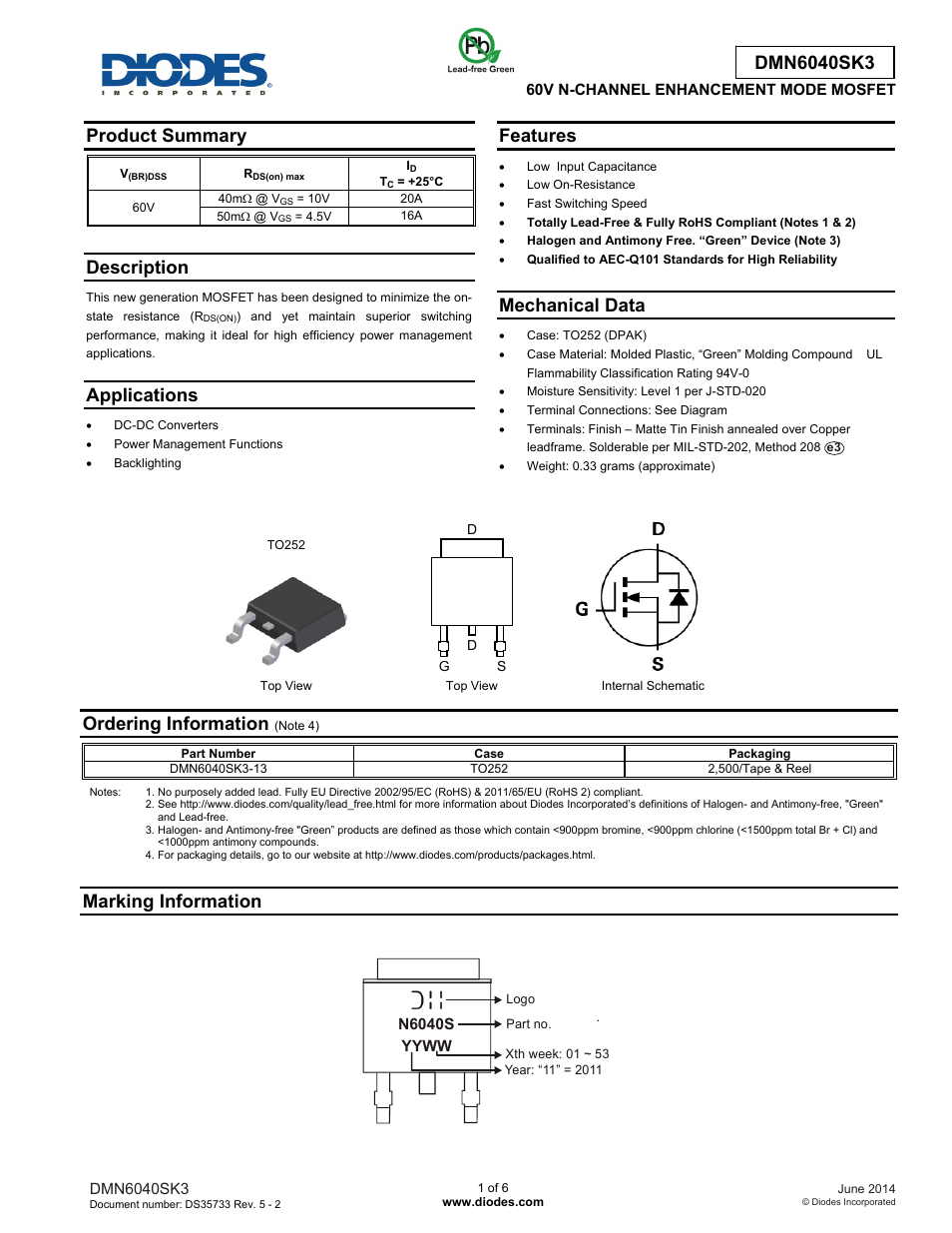 Diodes DMN6040SK3 User Manual | 6 pages