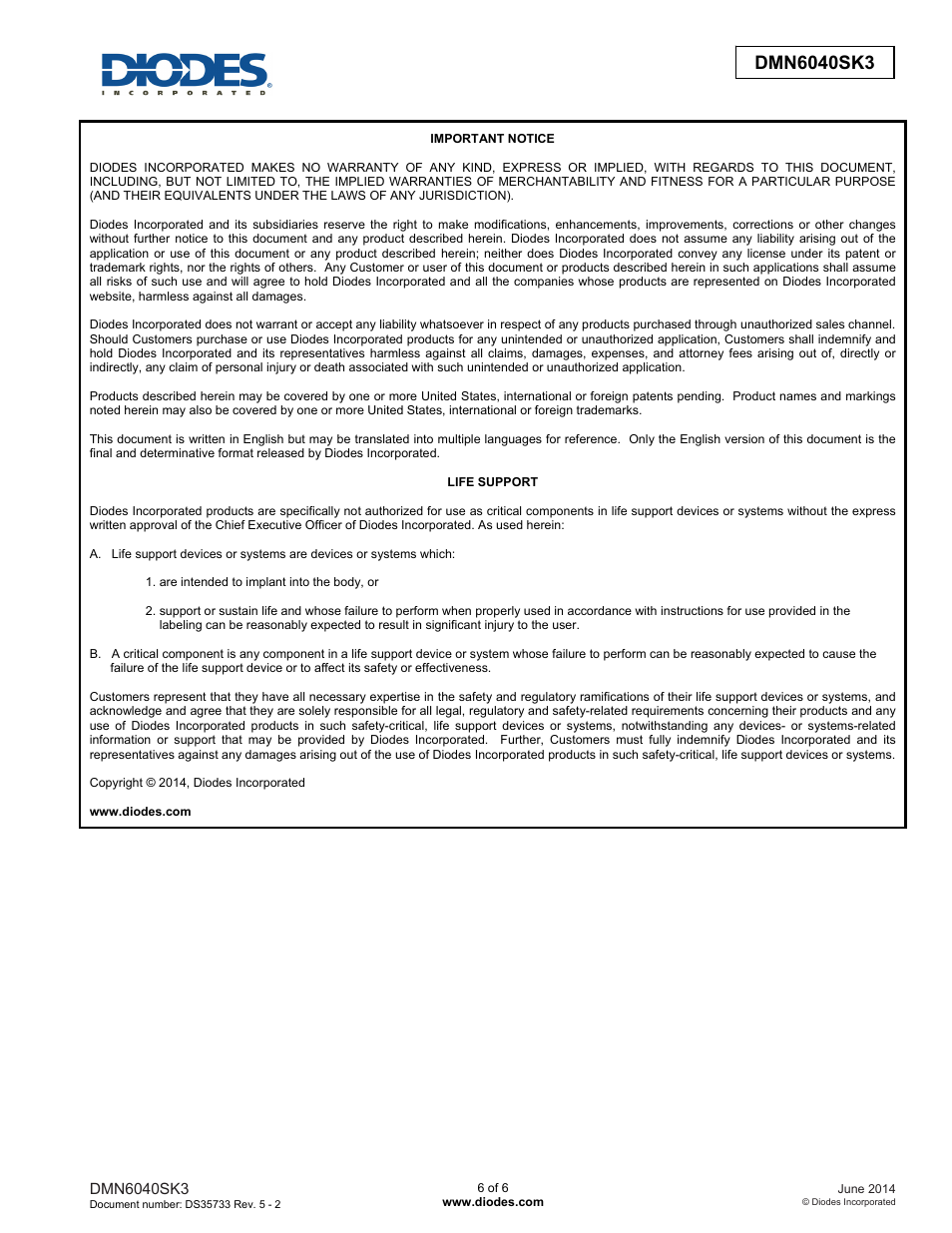 Diodes DMN6040SK3 User Manual | Page 6 / 6