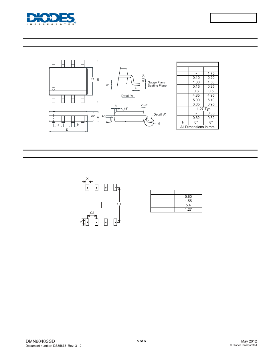 Package outline dimensions, Suggested pad layout | Diodes DMN6040SSD User Manual | Page 5 / 6