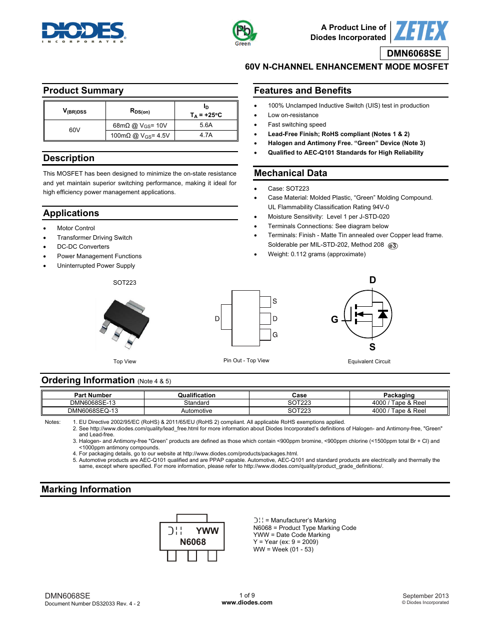 Diodes DMN6068SE User Manual | 9 pages