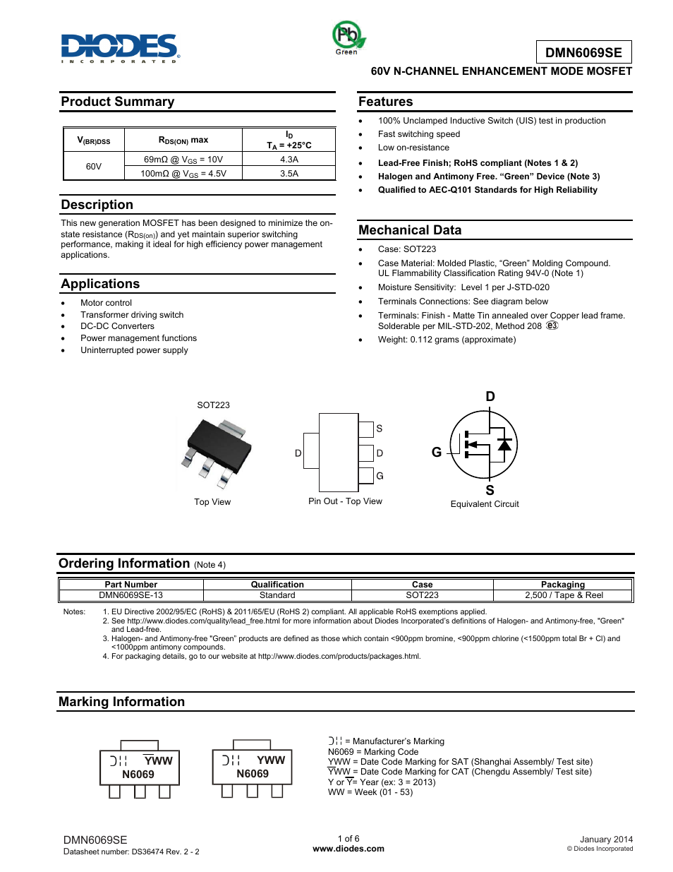 Diodes DMN6069SE User Manual | 6 pages