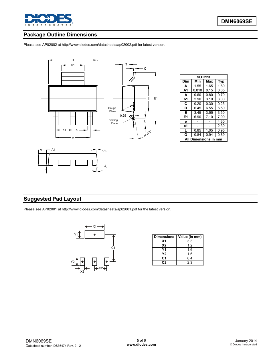 Package outline dimensions, Suggested pad layout | Diodes DMN6069SE User Manual | Page 5 / 6