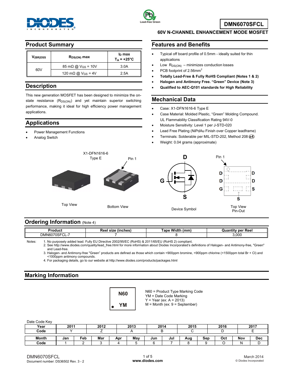 Diodes DMN6070SFCL User Manual | 5 pages