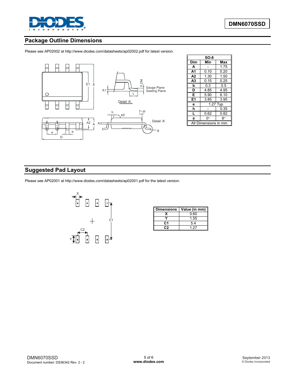 Package outline dimensions, Suggested pad layout | Diodes DMN6070SSD User Manual | Page 5 / 6